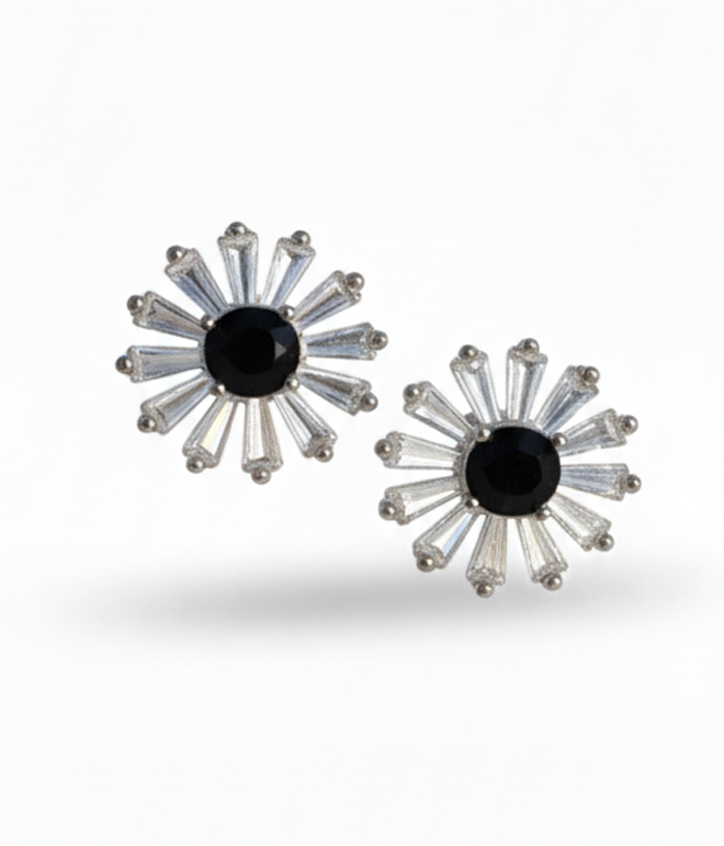 Pair of sunflower-shaped earrings with black centers on a white background