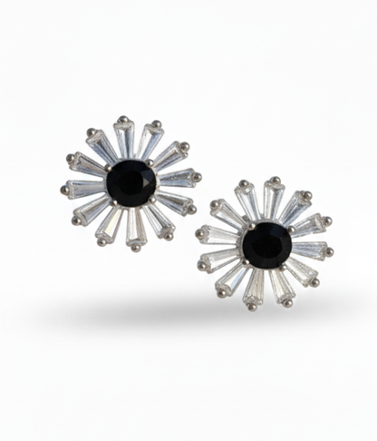 Pair of sunflower-shaped earrings with black centers on a white background