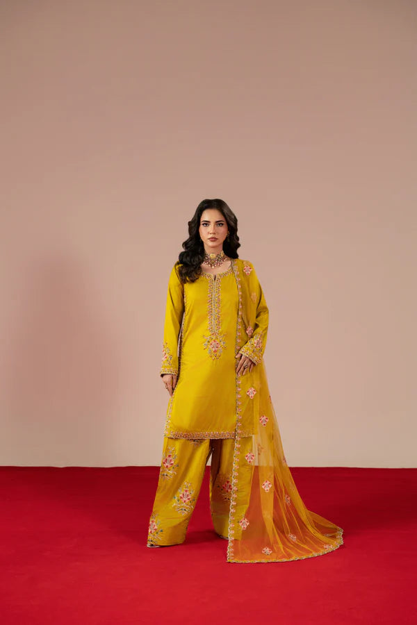 Woman wearing a yellow embroidered outfit with an orange dupatta on a red and beige background