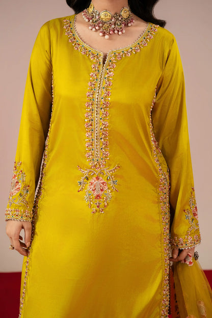 Yellow embroidered traditional outfit with jewelry on a neutral background
