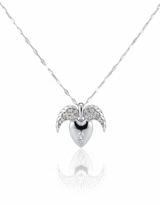 Silver necklace with a heart-shaped pendant on a white background