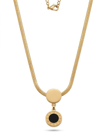Gold necklace with a black pendant on a white background