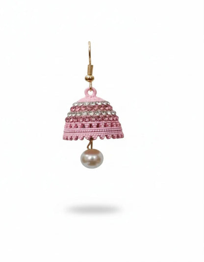 Pink beaded earring with pearl on a white background