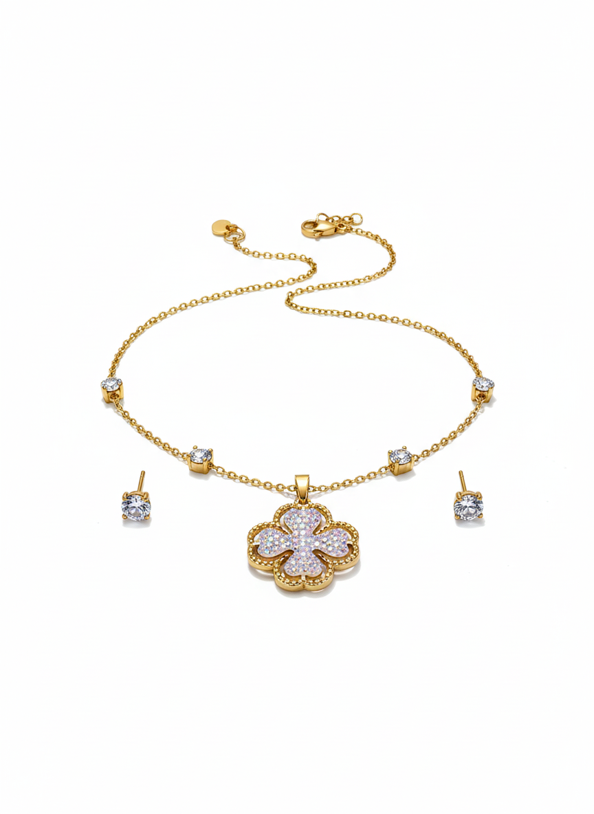 Dazzling Iridescent Pave Clover Motif Necklace and CZ Stud Earrings Set