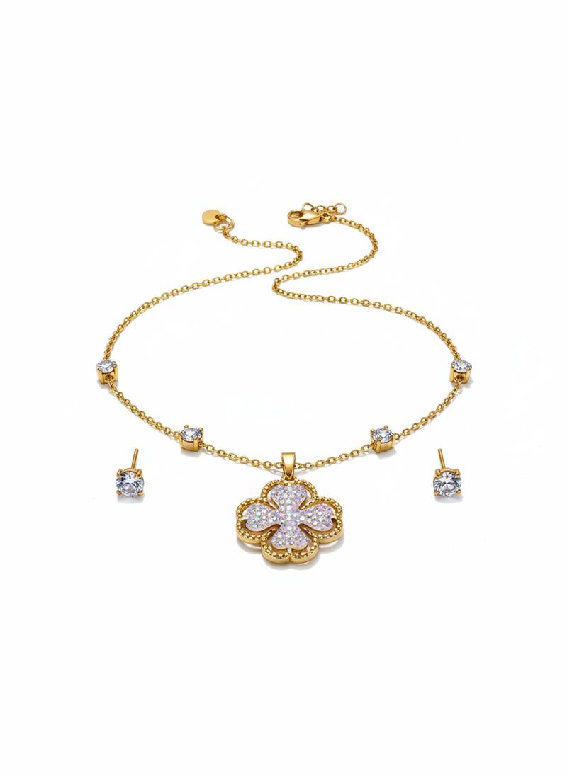 Dazzling Iridescent Pave Clover Motif Necklace and CZ Stud Earrings Set