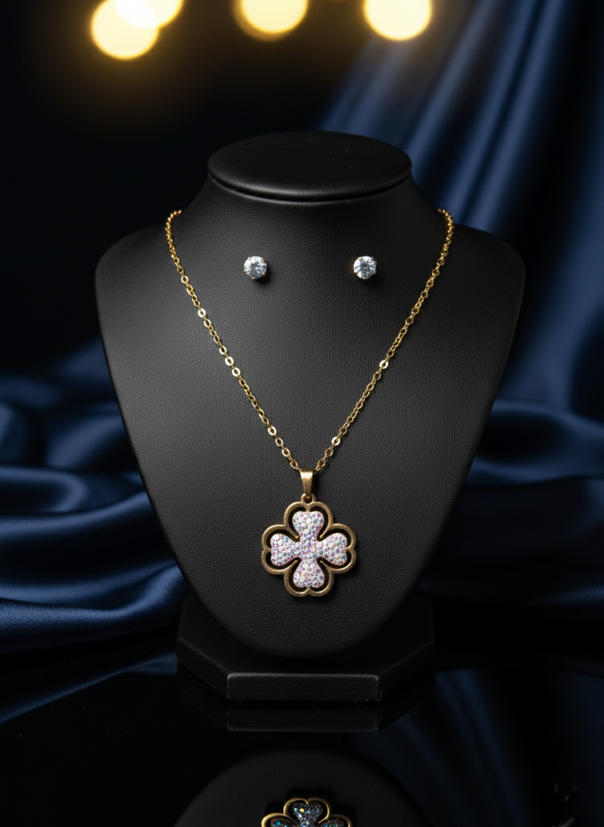 Dazzling Iridescent Pave Clover Motif Necklace and CZ Stud Earrings Set