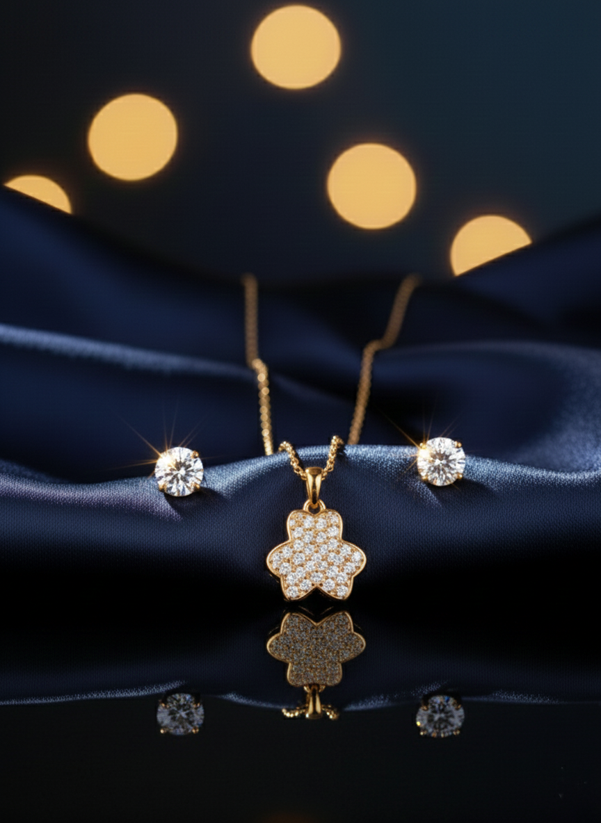 Dazzling Flower Pave CZ Necklace and Solitaire Stud Earrings Set