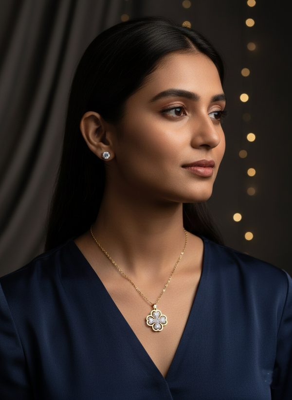 Dazzling Iridescent Pave Clover Motif Necklace and CZ Stud Earrings Set