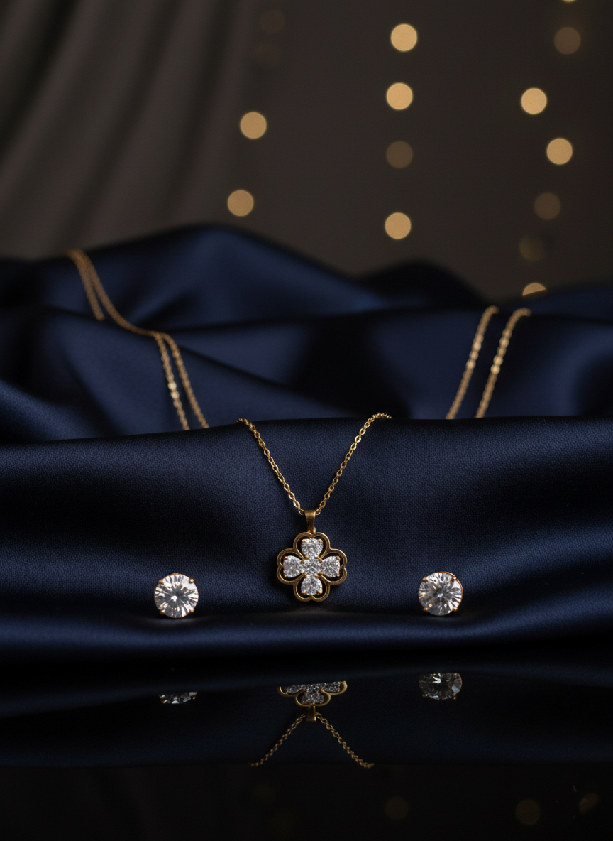 Dazzling Iridescent Pave Clover Motif Necklace and CZ Stud Earrings Set