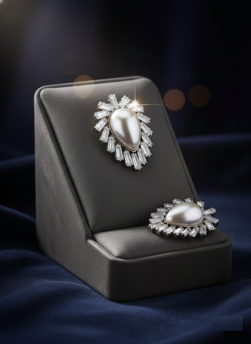 Luxurious Teardrop Pearl and Baguette CZ Sunburst Stud Earrings