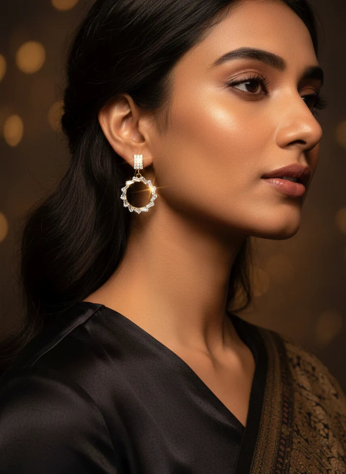 Woman wearing a Baguette & Round Cut CZ Geometric Dangle Earrings