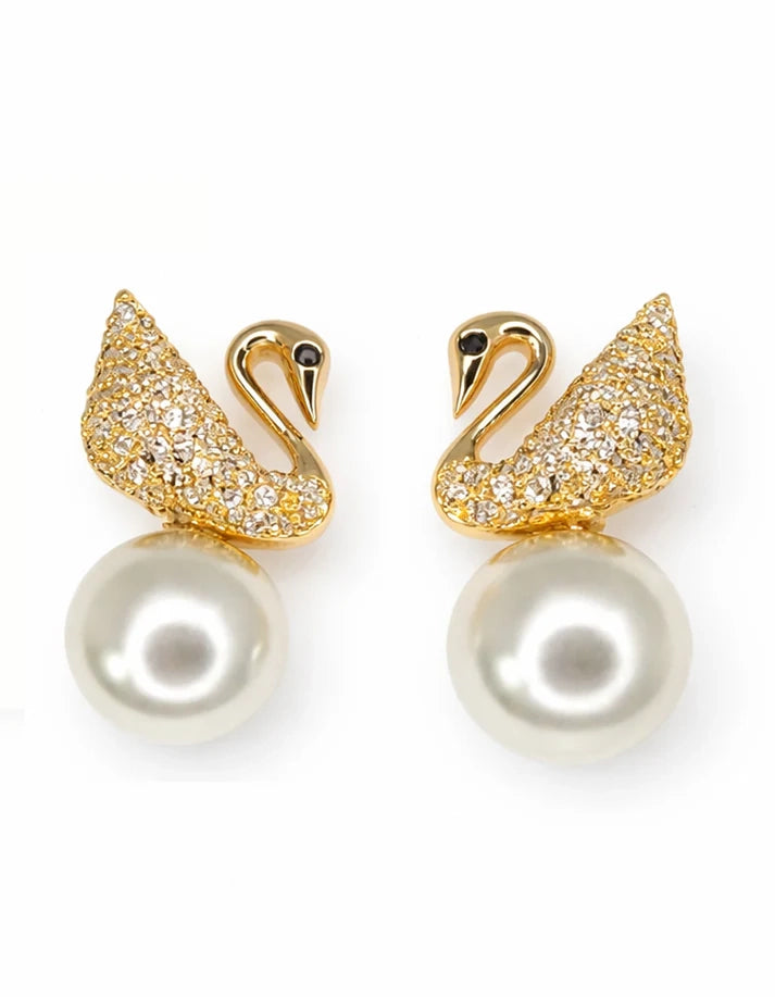 Crystal Pave Swan Pearl Drop Gold Stud Earrings Elegant Nature Inspired Jewelry Rose Dew Pakistan