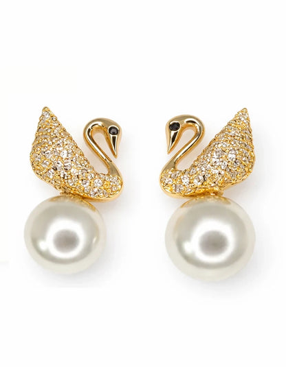 Crystal Pave Swan Pearl Drop Gold Stud Earrings Elegant Nature Inspired Jewelry Rose Dew Pakistan