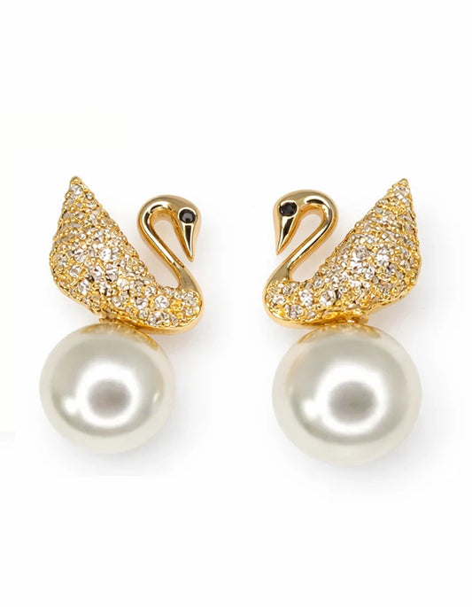 Crystal Pave Swan Pearl Drop Gold Stud Earrings Elegant Nature Inspired Jewelry Rose Dew Pakistan