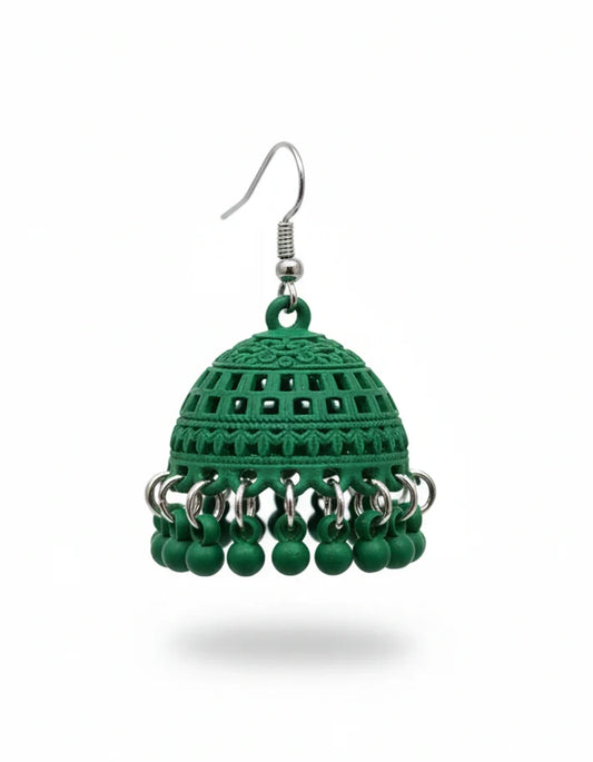 Green crochet earrings with bead embellishments on a white background