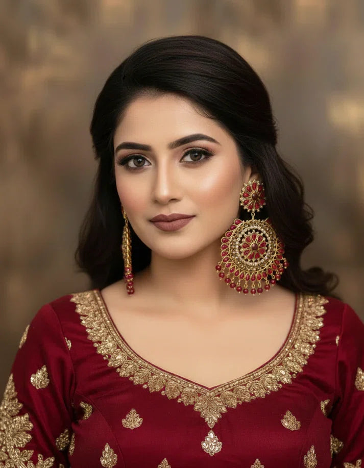 Model wearing Rose Dew royal empress dangler ruby red chandelier earrings styled with a bridal lehenga for Eid or wedding celebrations