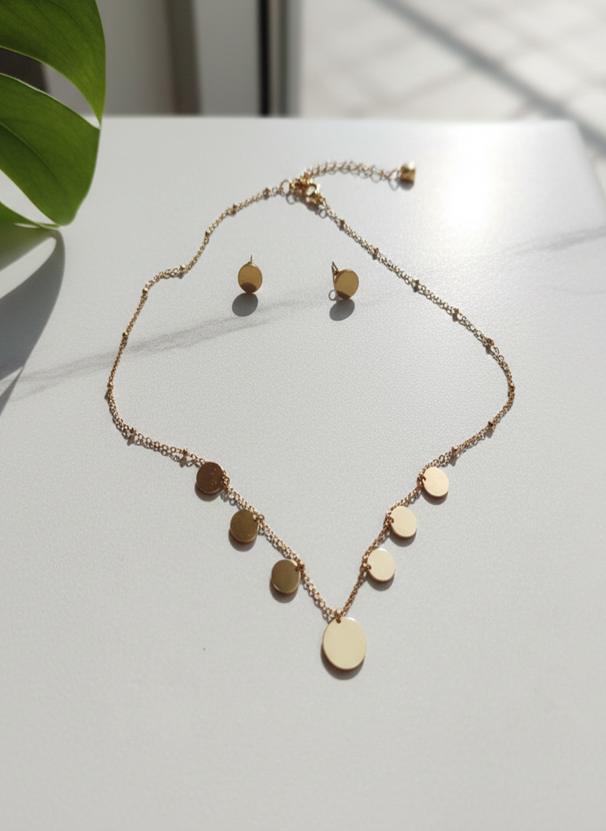 Minimalist Gold Finish Disc Charm Necklace and Stud Earrings Set