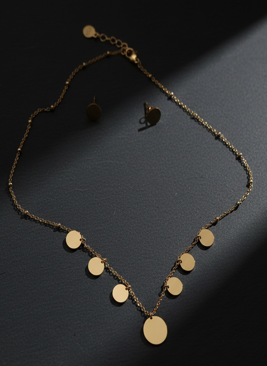 Minimalist Gold Finish Disc Charm Necklace and Stud Earrings Set