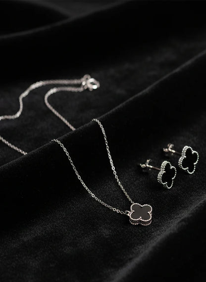 Black Clover Motif Silver Necklace & Stud Earrings Set