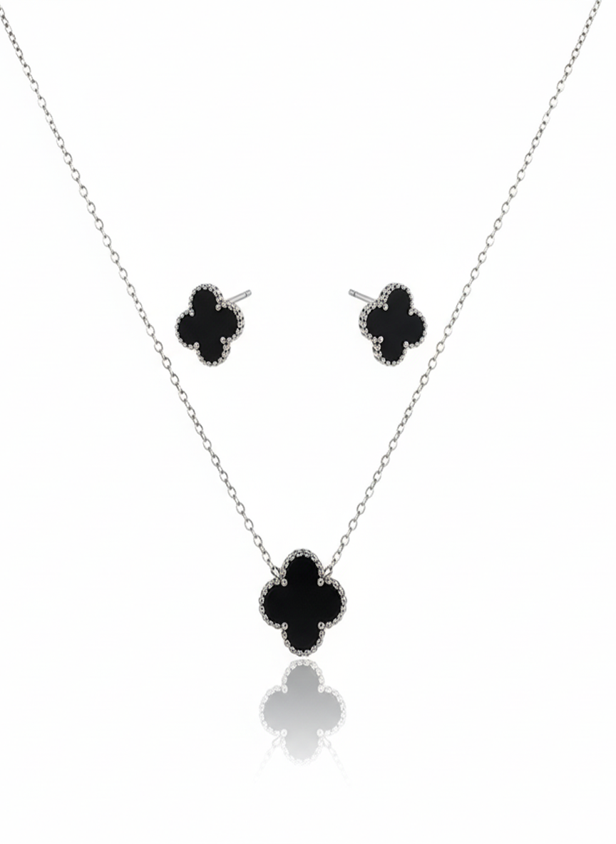 Elegant Clover Motif Necklace and Stud Earrings Jewelry Set