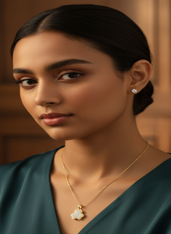 Dazzling Flower Pave CZ Necklace and Solitaire Stud Earrings Set