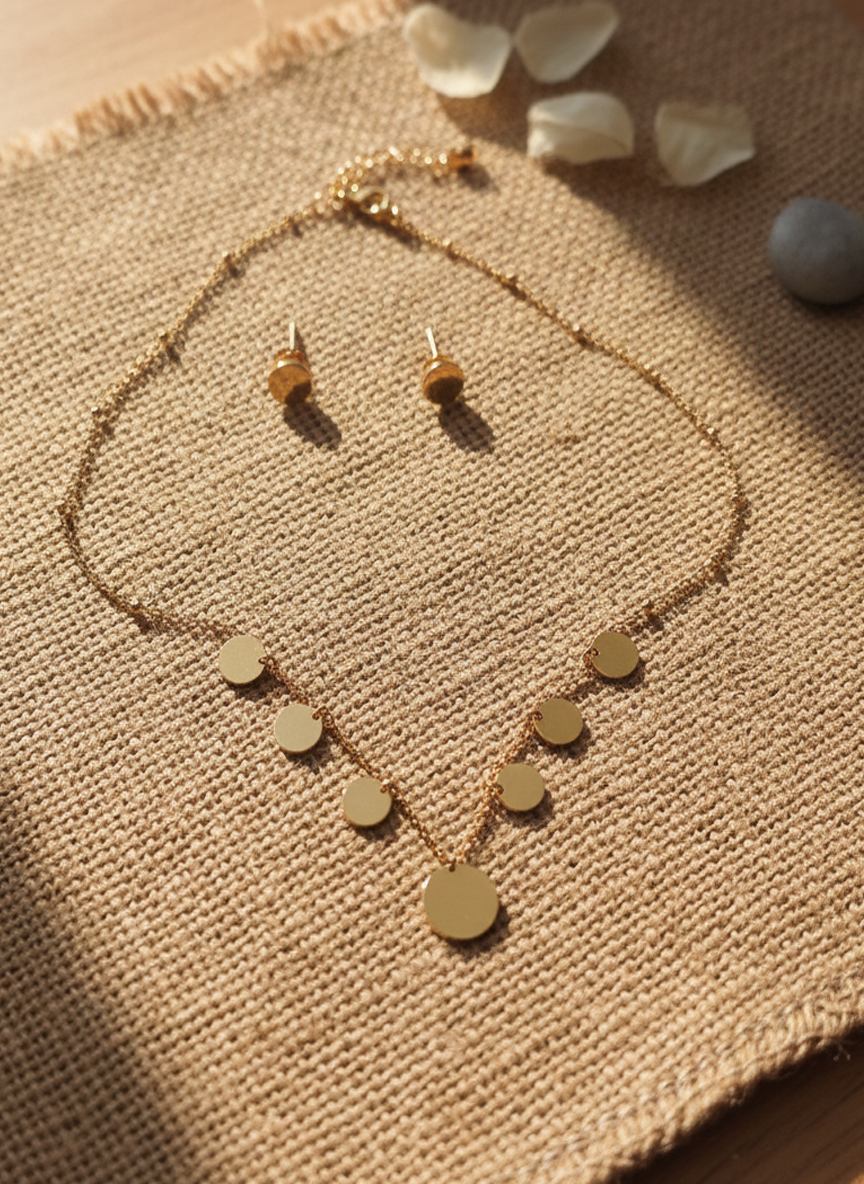 Minimalist Gold Finish Disc Charm Necklace and Stud Earrings Set
