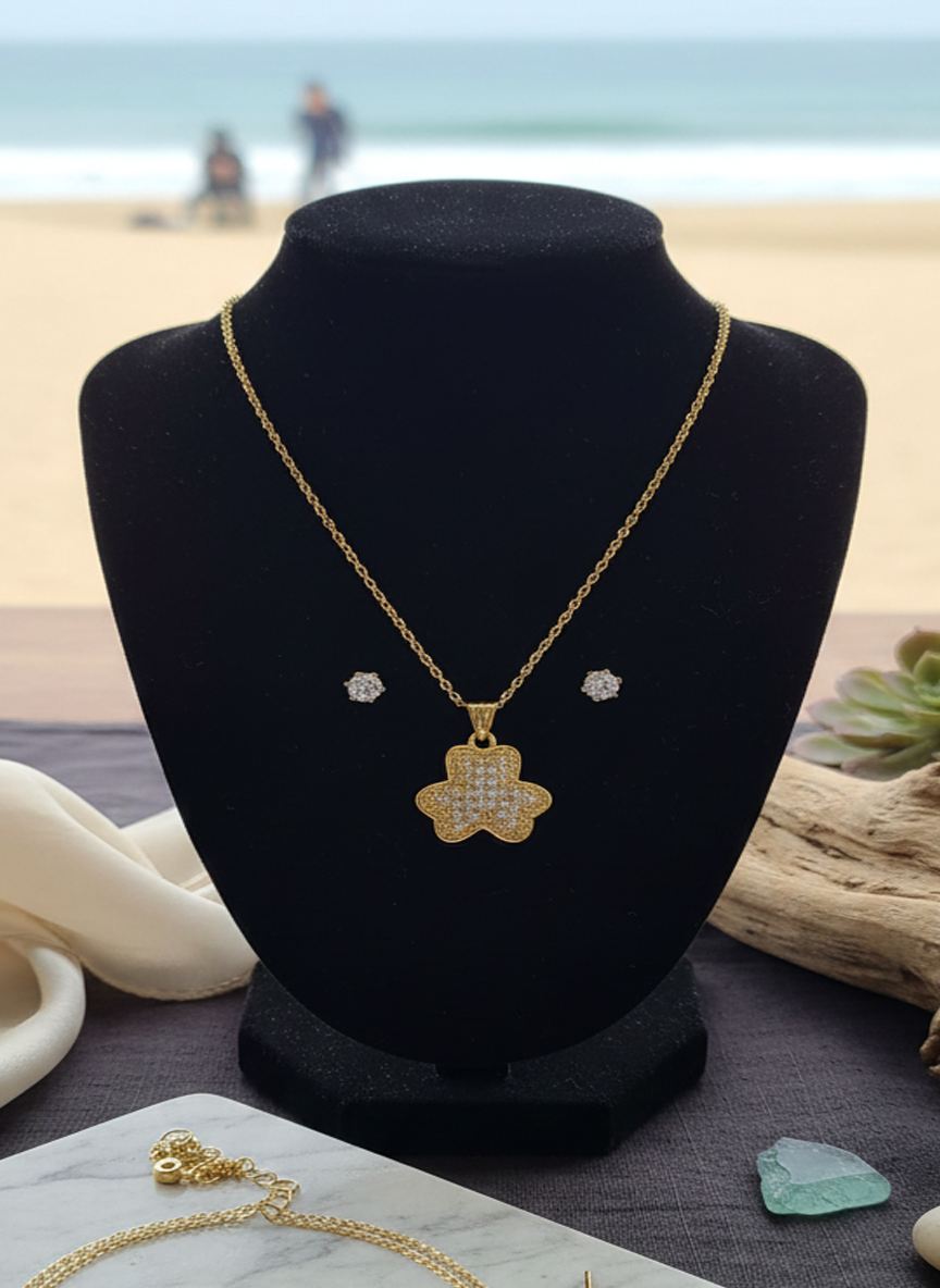 Dazzling Flower Pave CZ Necklace and Solitaire Stud Earrings Set