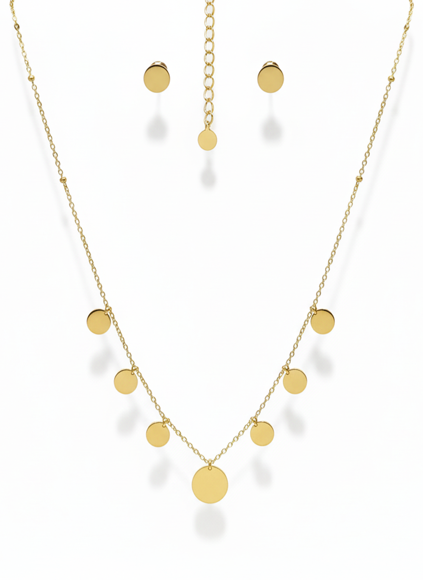 Minimalist Gold Finish Disc Charm Necklace and Stud Earrings Set