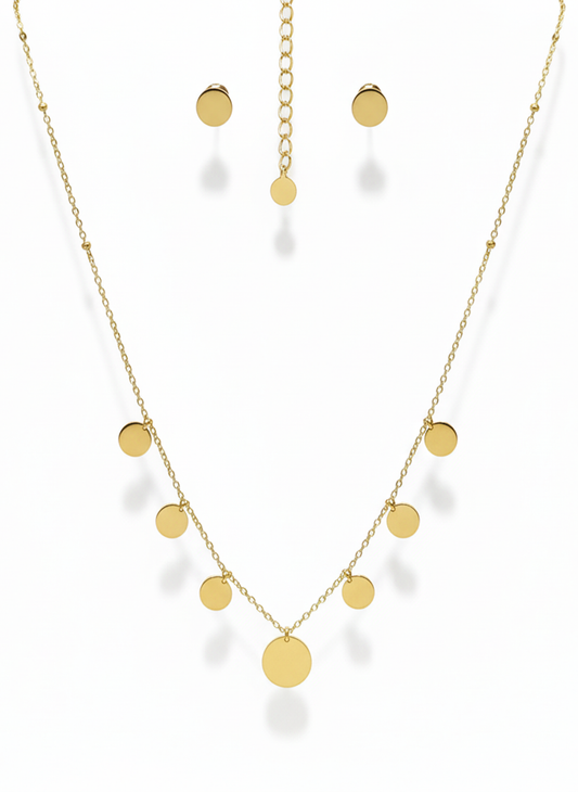 Minimalist Gold Finish Disc Charm Necklace and Stud Earrings Set