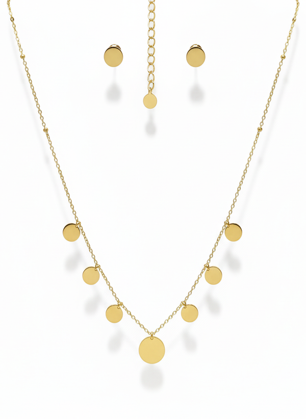 Minimalist Gold Finish Disc Charm Necklace and Stud Earrings Set