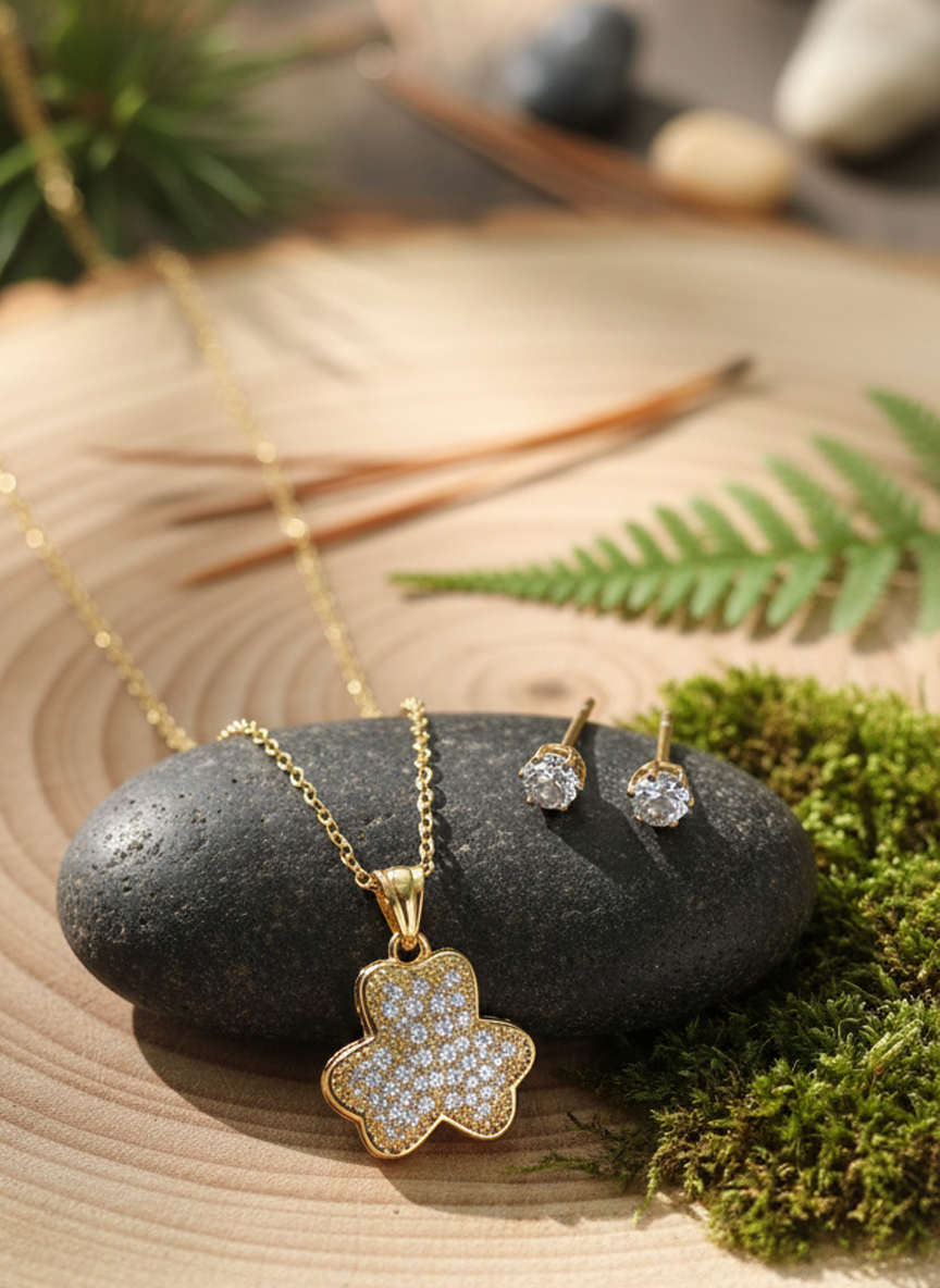 Dazzling Flower Pave CZ Necklace and Solitaire Stud Earrings Set