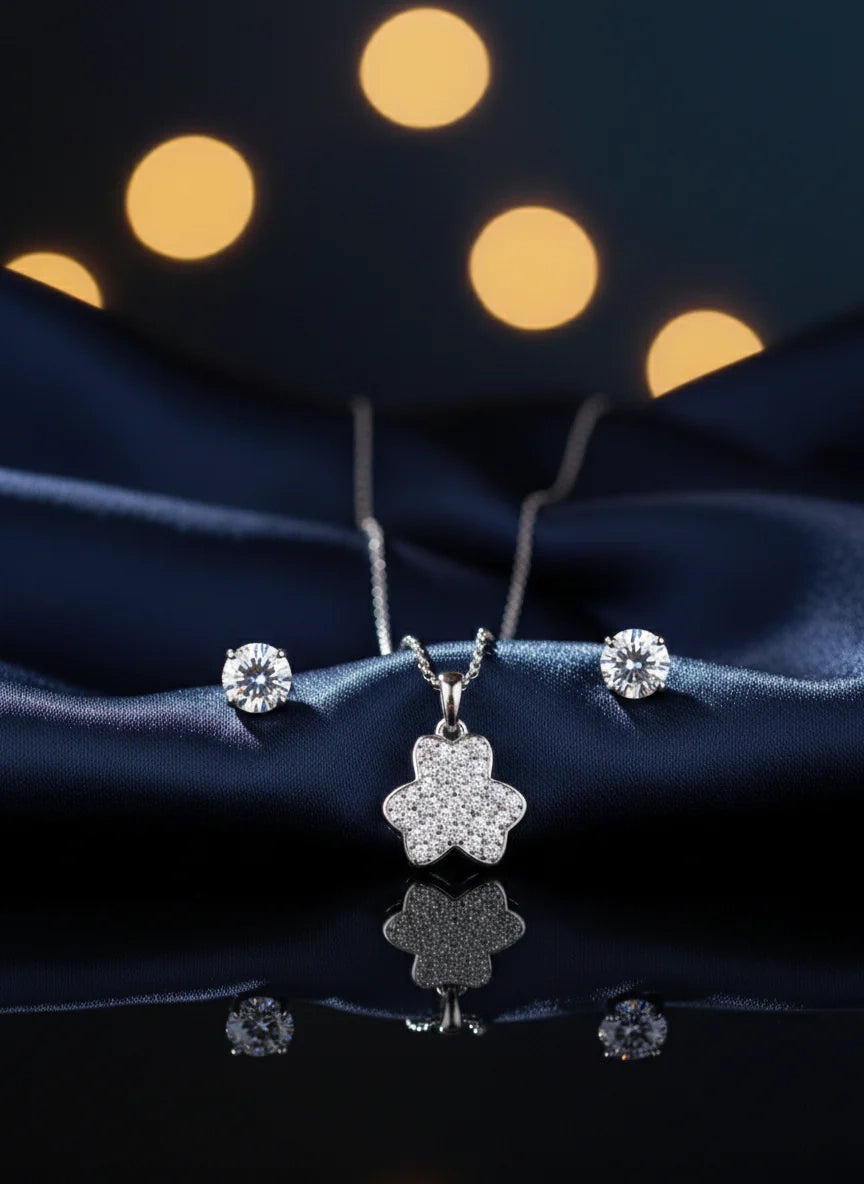 Flower Pave CZ Gold Necklace & Solitaire Stud Earrings Set Rose Dew