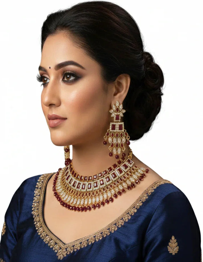 Wide Gold Tone Ruby Red Simulated Stone CZ Choker Necklace for Bridal Wear Pakistan