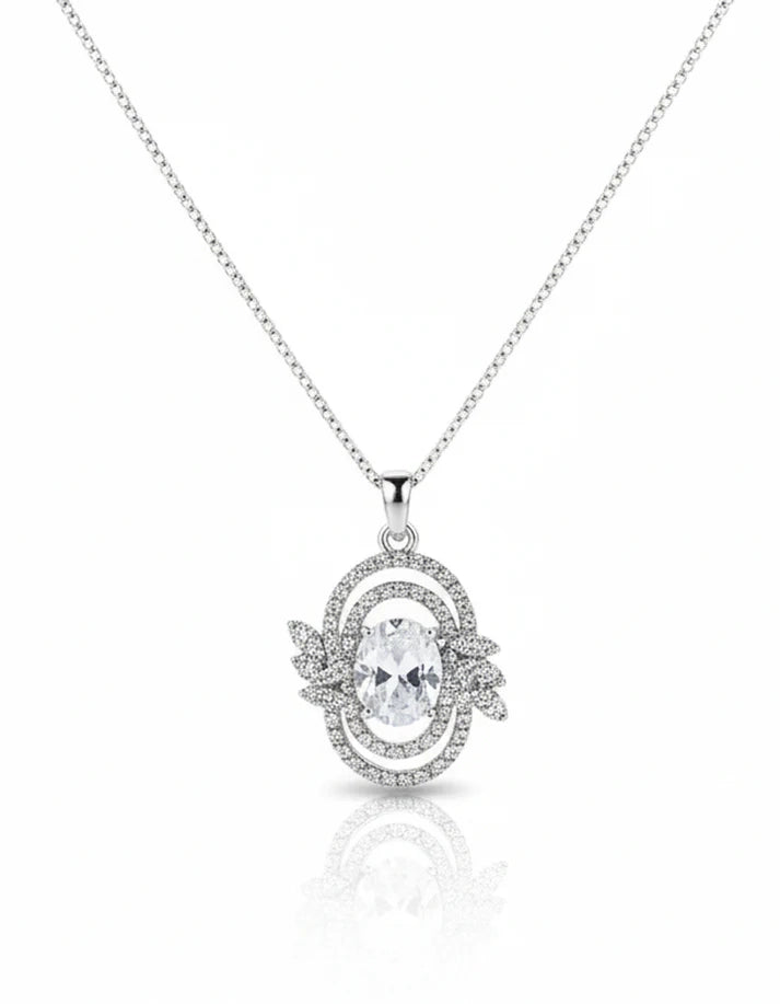 Oval CZ Double Halo Floral Silver Bridal Pendant Necklace  Rose Dew 