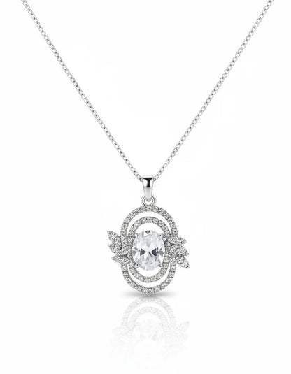 Oval CZ Double Halo Floral Silver Bridal Pendant Necklace  Rose Dew 