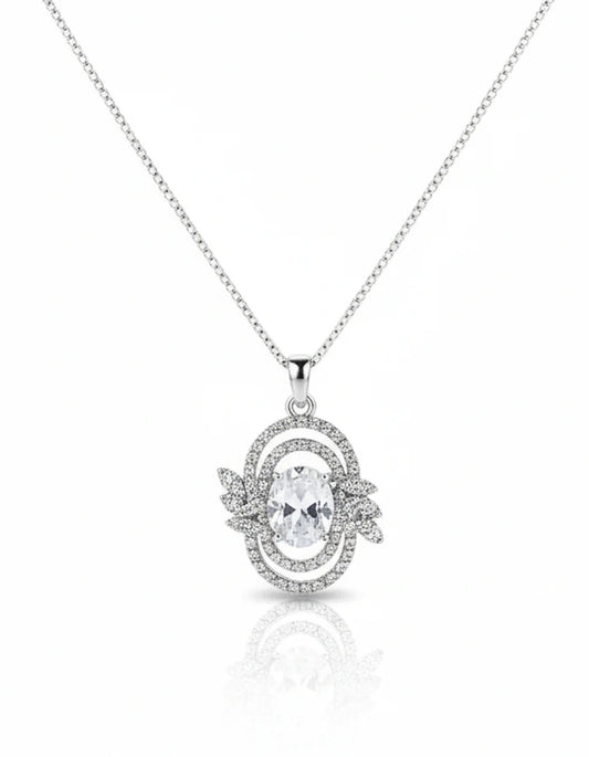 Oval CZ Double Halo Floral Silver Bridal Pendant Necklace  Rose Dew 