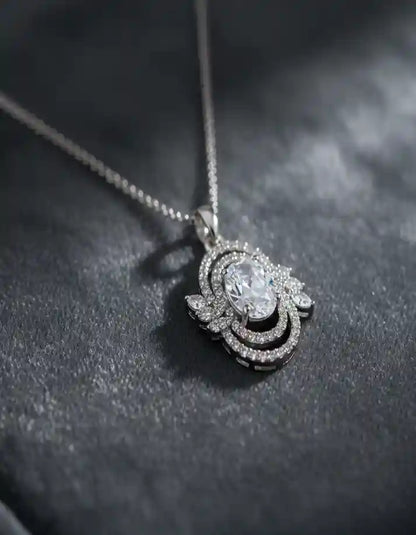 Oval CZ Double Halo Floral Silver Bridal Pendant Necklace  Rose Dew 