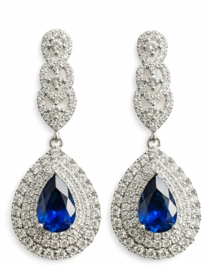 Navy Blue Teardrop Crystal Double Halo Silver Drop Earrings Formal Wedding Jewelry Rose Dew Pakistan