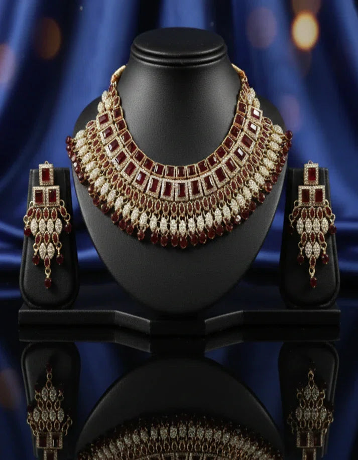 Ruby Red CZ Choker Necklace and Earring Bridal Set in Gold Tone for Pakistani Wedding