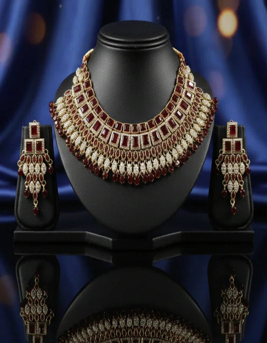 Ruby Red CZ Choker Necklace and Earring Bridal Set in Gold Tone for Pakistani Wedding
