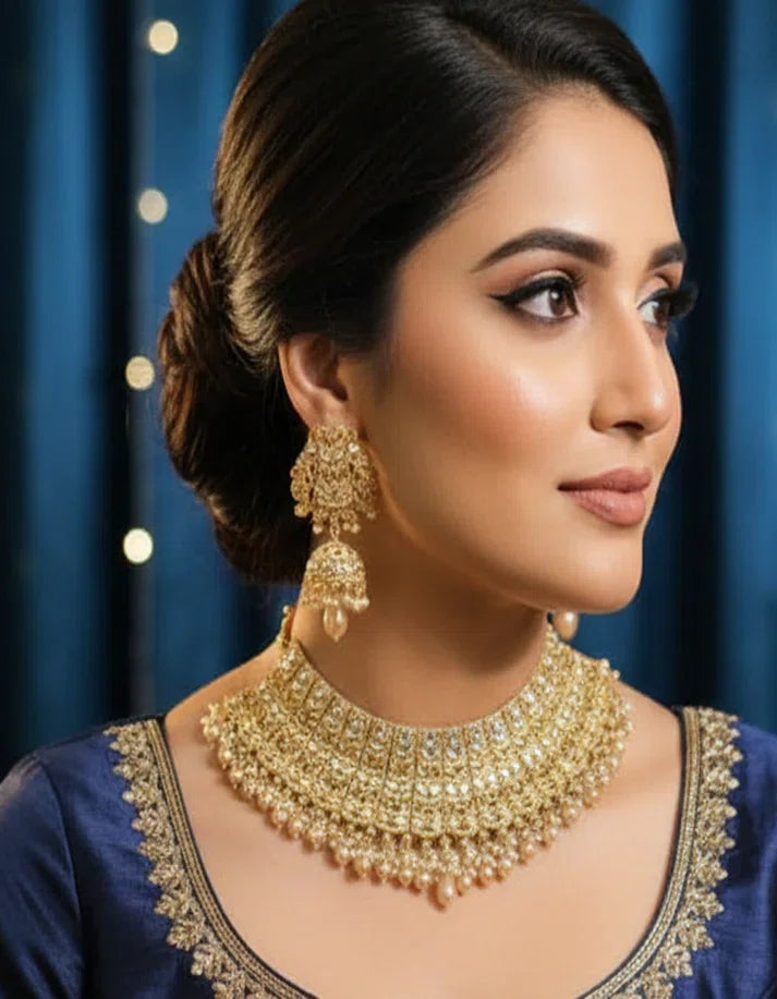 Wide Antique Gold Polki Kundan Choker Necklace with Pearl Fringe for Pakistani Bride