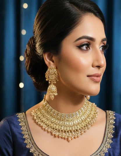 Wide Antique Gold Polki Kundan Choker Necklace with Pearl Fringe for Pakistani Bride