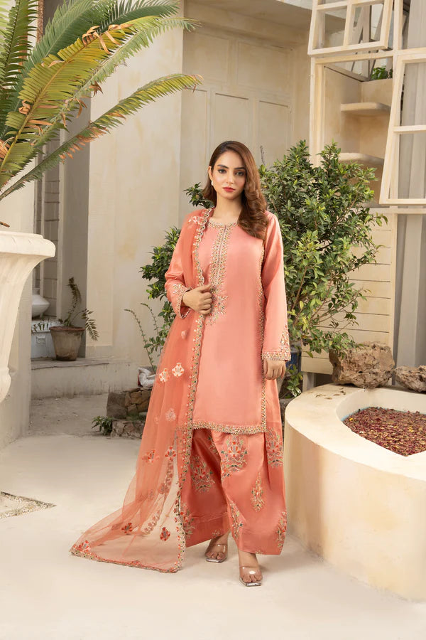 Woman in a peach embroidered traditional outfit standing in an indoor setting with plants and decor.