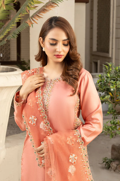 Woman wearing a peach embroidered traditional outfit outdoors.