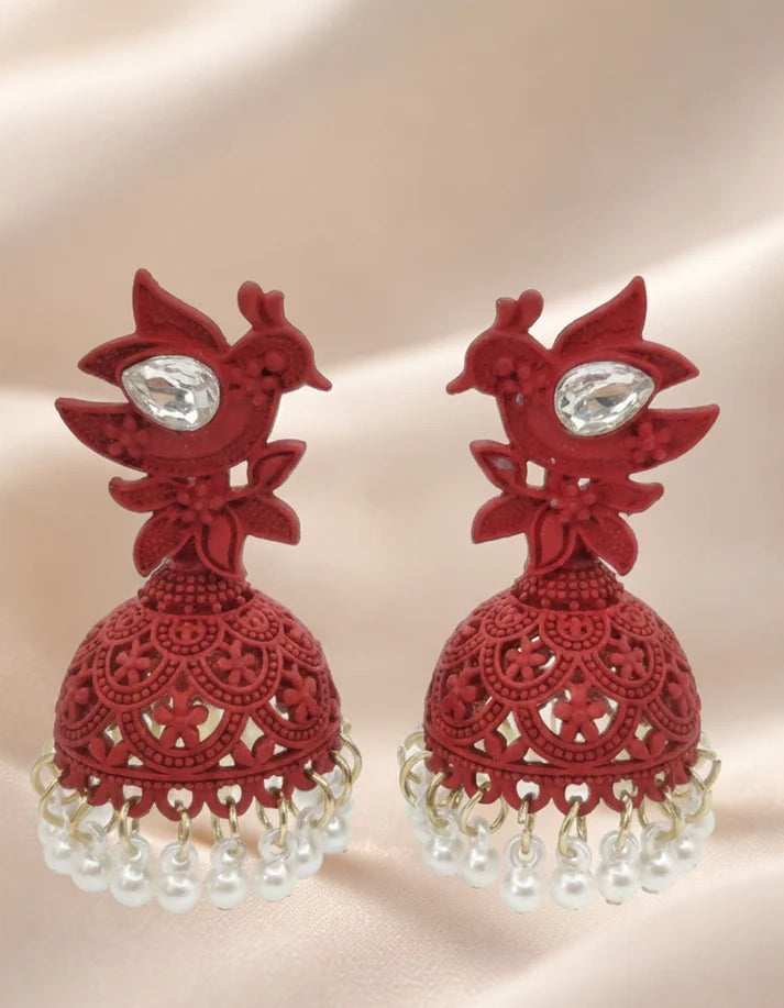 Handcrafted Matte Red Jhumka Earrings with Crystal Pearl Fringe Bell Pigeon Motif Wedding Jewelry Pakistan