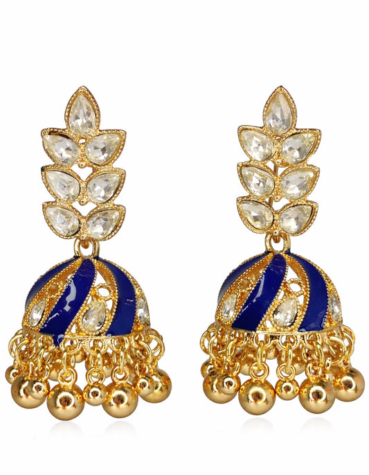 Pair of gold and blue earrings with intricate designs on a white background