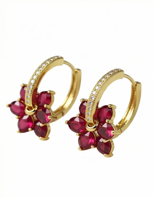 Ruby red five petal floral huggie drop earrings — Rose Dew Pakistan