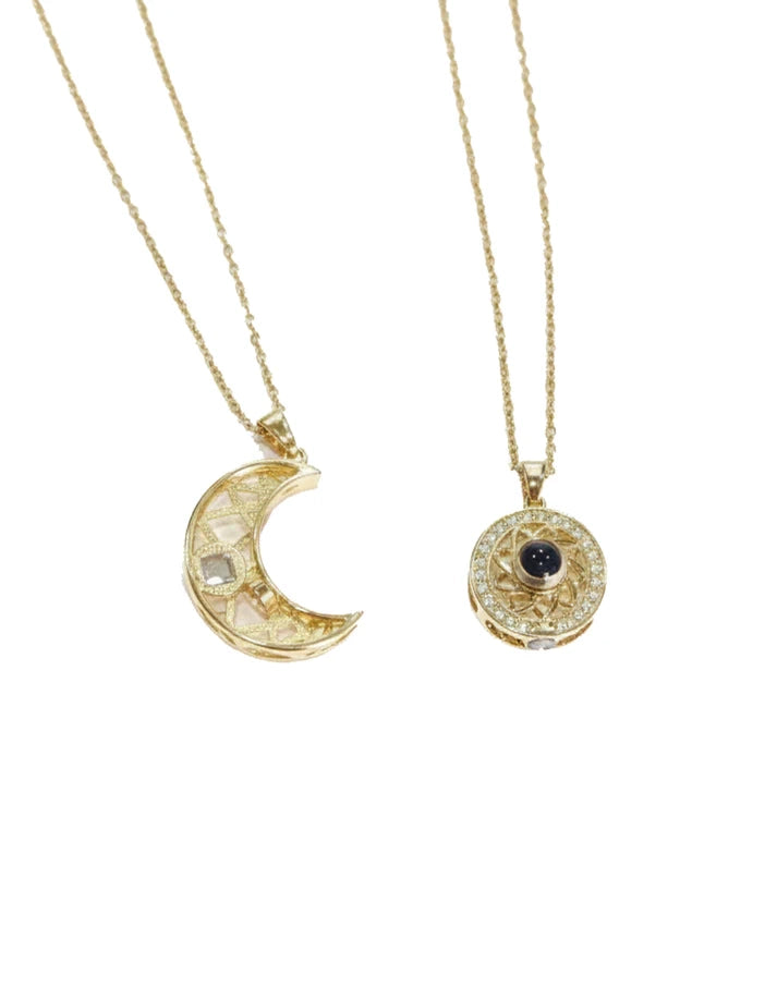 Dainty Crescent Moon Pendant Necklace gold tone with mosaic inlay by Rose Dew