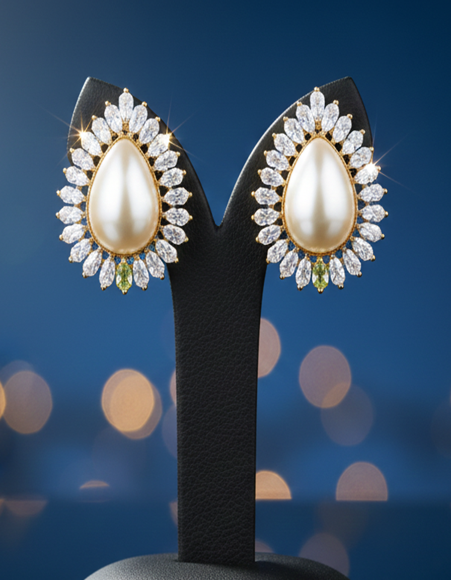 Elegant Teardrop Pearl and CZ Halo Stud Earrings