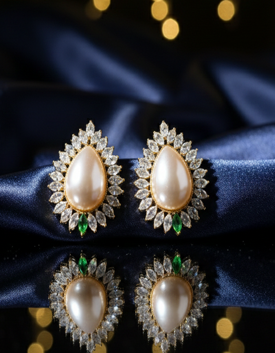Elegant Teardrop Pearl and CZ Halo Stud Earrings
